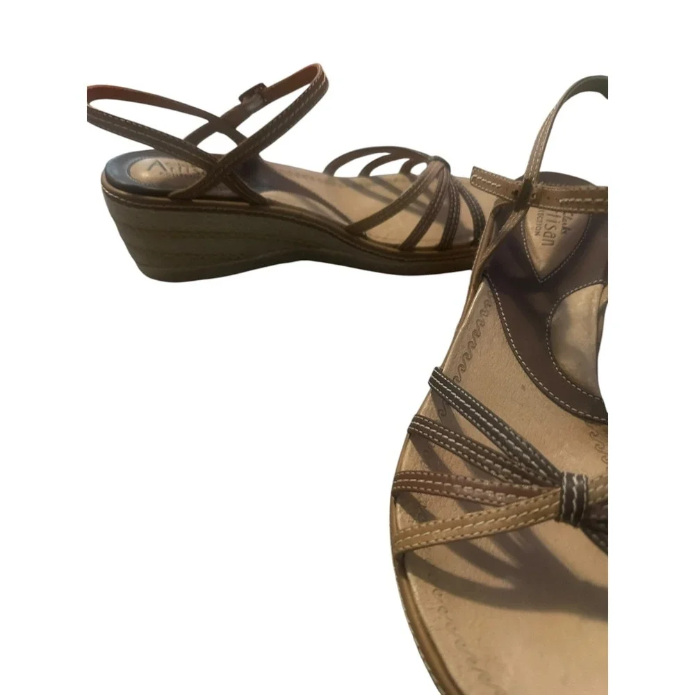 Clarks Artisan Beige Leather Espadrille Wedge Sandals Womens 10 Strappy Casual